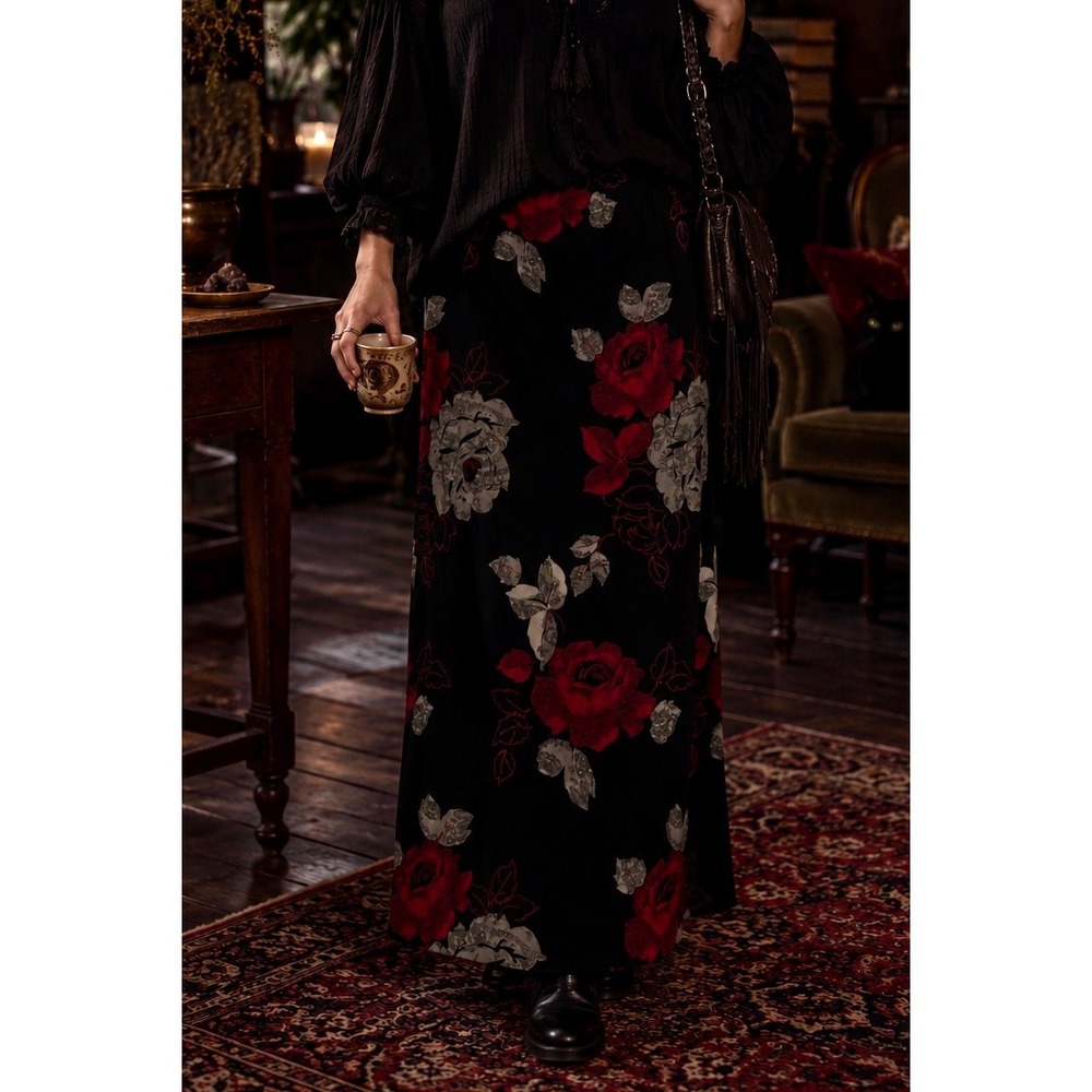 Dark Romantic Whimsigoth Maxi Skirt Womens L Red Rose Vamp Practical Magic